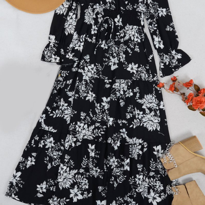 Shop Anna-kaci Shirred Waist Floral Print Dress In Black