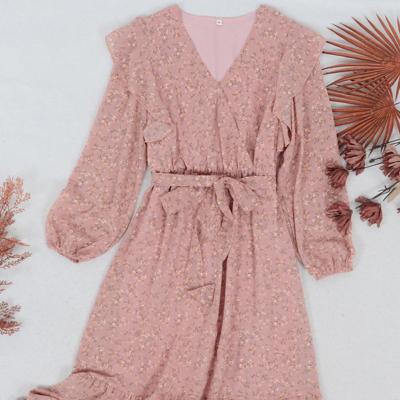 Shop Anna-kaci Ruffle Shoulder Long Sleeve Midi Dress In Pink