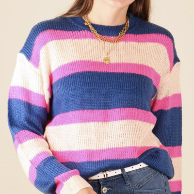 Shop Anna-kaci Striped Color Block Knitted Round Neck Sweater In Blue