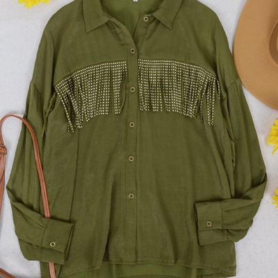 Shop Anna-kaci Dotted Fringe Detail Shirt In Green