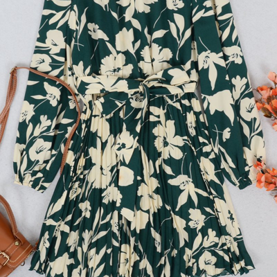 Shop Anna-kaci High Neck Floral Pleated Dress In Green