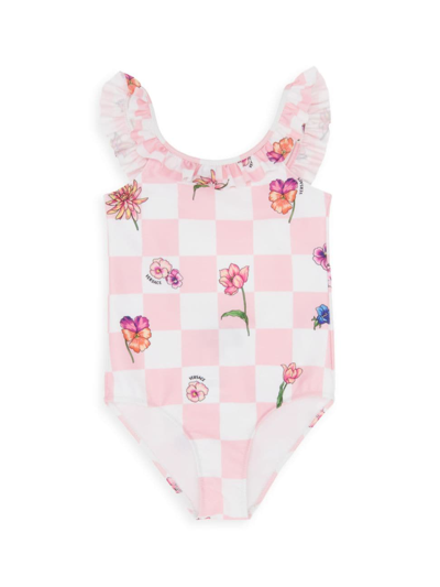 Shop Versace Baby Girl's Ruffled One-piece Swimsuit In White Multi