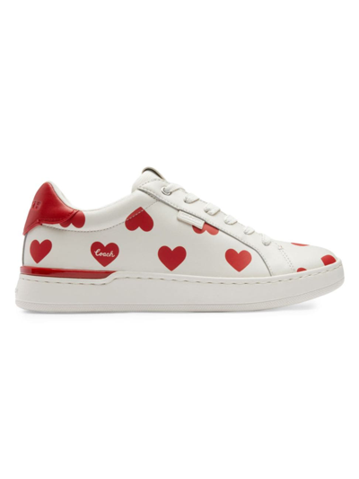 Shop Coach Women's Lowline Heart-print Leather Sneakers In Red White
