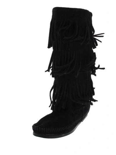 Shop Minnetonka 3 Layer Womens Suede Fringe Moccasin Boots In Black