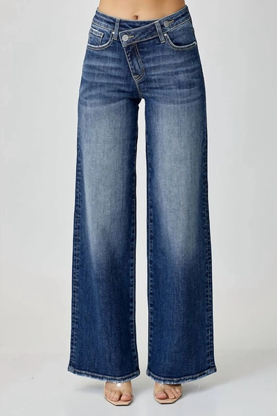 Shop Risen Mid Rise Crossover Wide Leg Jeans In Blue