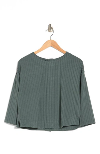 Shop Adrianna Papell Button Back Long Sleeve Ribbed T-shirt In Dusty Seafoam