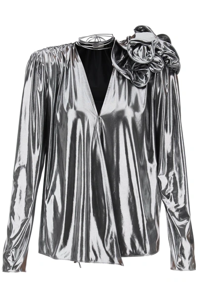 Shop Magda Butrym Jersey Blouse With Rose Applique In Silver, Metallic