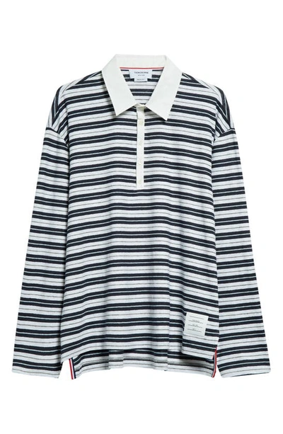 Shop Thom Browne Stripe Rugby Fit Long Sleeve Polo In Navy