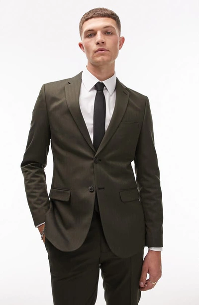 Shop Topman Skinny Fit Herringbone Suit Jacket In Dark Khaki Green