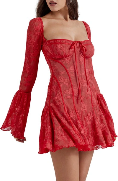 House Of Cb Analissa Long Sleeve Lace Minidress In True Red
