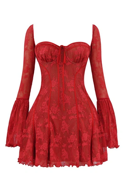 House Of Cb Analissa Long Sleeve Lace Minidress In True Red