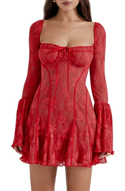 House Of Cb Analissa Long Sleeve Lace Minidress In True Red