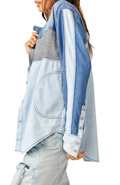 Shop Free People Moto Colorblock Cotton Button-up Shirt In Blue Combo