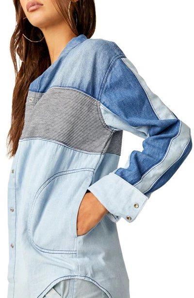 Shop Free People Moto Colorblock Cotton Button-up Shirt In Blue Combo