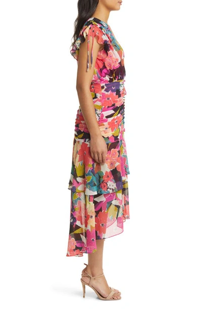 Shop Tahari Asl Floral Side Ruched Chiffon Midi Dress In Coral/ Blue Multi