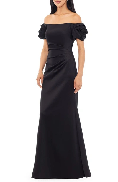 Shop Xscape Evenings Rosette Off The Shoulder Scuba Gown In Black