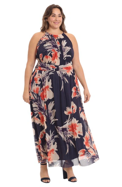 Shop Maggy London Floral Maxi Dress In Navy Coral Taupe