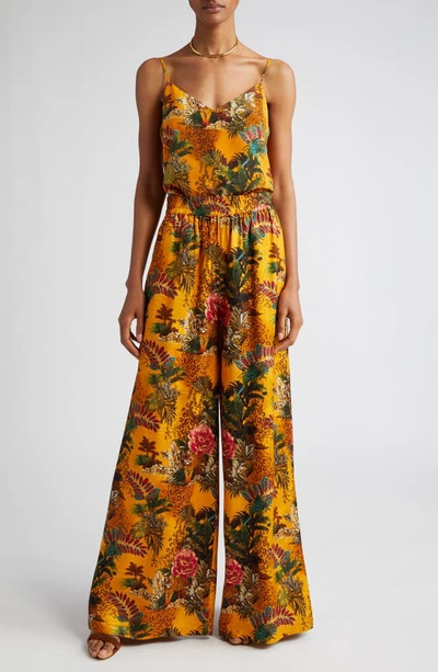 Shop L Agence Jane Tropical Print Silk Camisole In Yellow/ Tiger Floral Jungle