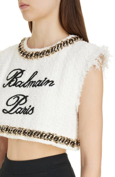 Shop Balmain Signature Logo Embroidered Sleeveless Tweed Crop Top In Gab White/ Black