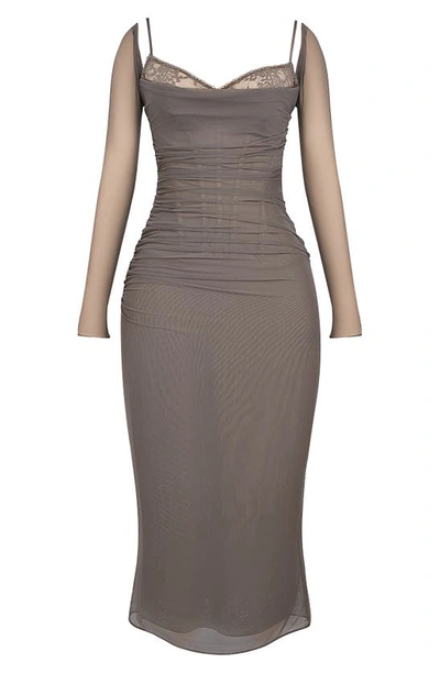 House Of Cb Katrina Lace Mesh Long Sleeve Gown In Pebble Grey