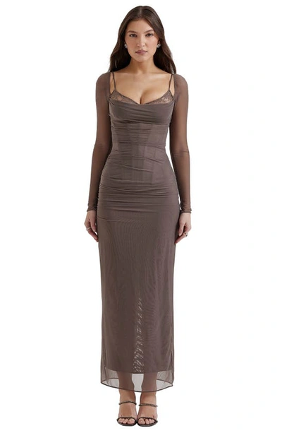 House Of Cb Katrina Lace Mesh Long Sleeve Gown In Pebble Grey
