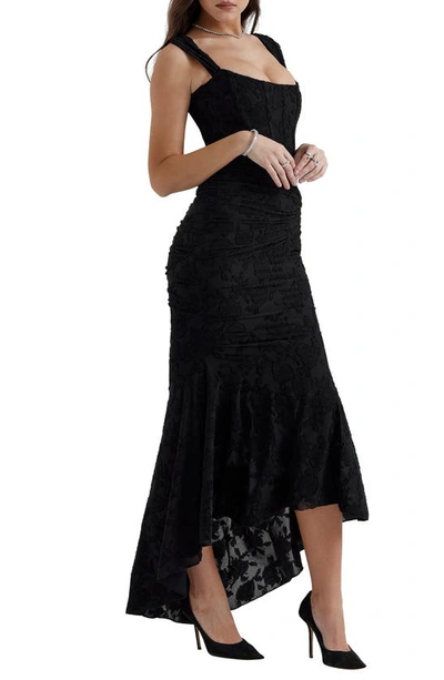 House Of Cb Cesca Floral Ruched High-low Corset Dress In Black
