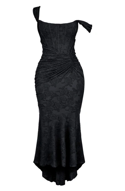House Of Cb Cesca Floral Ruched High-low Corset Dress In Black