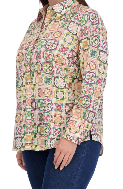 Shop Foxcroft Zoey Watercolor Print Long Sleeve Button-up Shirt In Beige/ Purple Multi