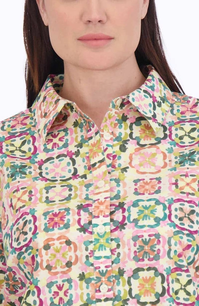 Shop Foxcroft Zoey Watercolor Print Long Sleeve Button-up Shirt In Beige/ Purple Multi