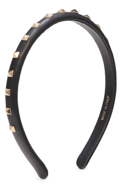 Shop Valentino Rockstud Leather Headband In Nero