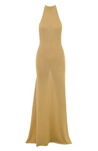 House Of Cb Selia Metallic Semisheer Gown In Gold