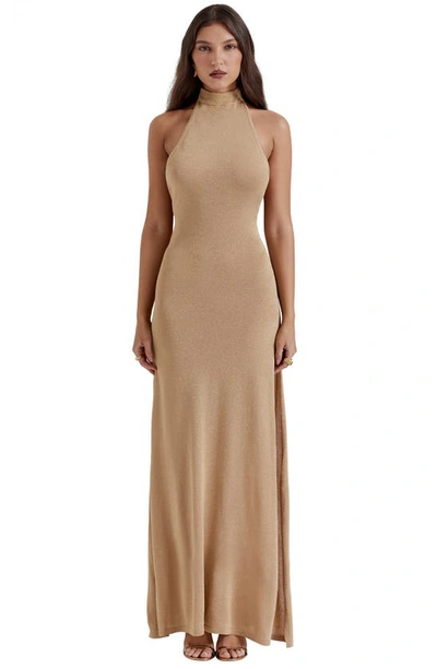 House Of Cb Selia Metallic Semisheer Gown In Gold