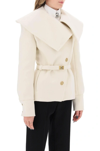 Shop Balmain Belted Double Breasted Peacoat