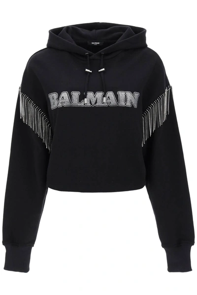 Shop Balmain Cropped Hoodie With Rhinestone Studded Logo And Crystal Cupchains