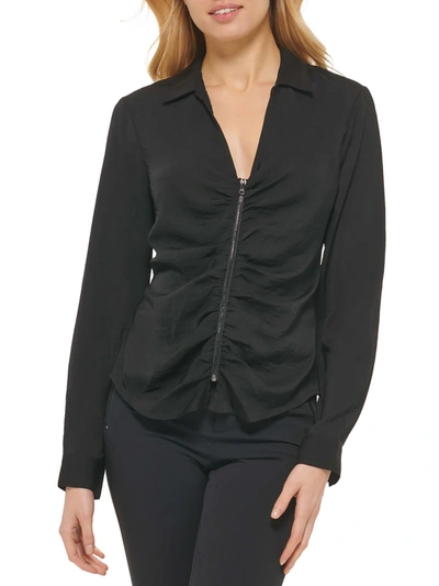 Shop Dkny Womens Ruched Front Zipper Blouse In Black