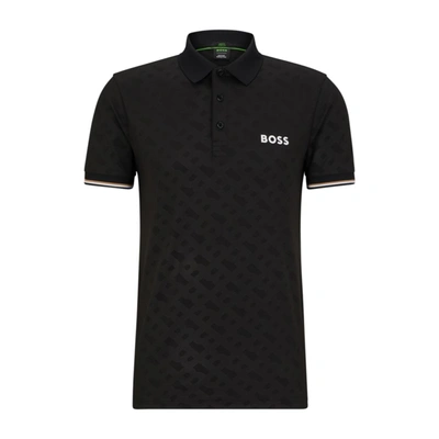Shop Hugo Boss X Matteo Berrettini Slim-fit Polo Shirt With Monograms In Black