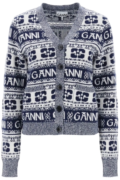 Shop Ganni Jacquard Wool Cardigan With Logo Pattern