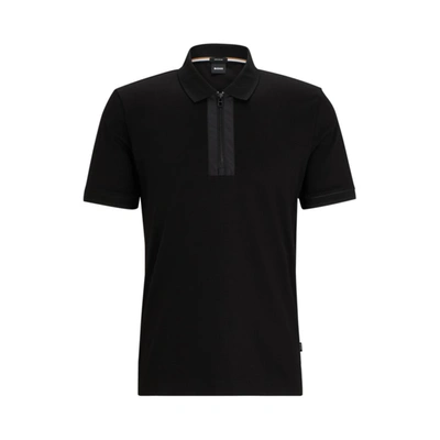 Shop Hugo Boss Mercerized-cotton Polo Shirt With Zip Placket In Black