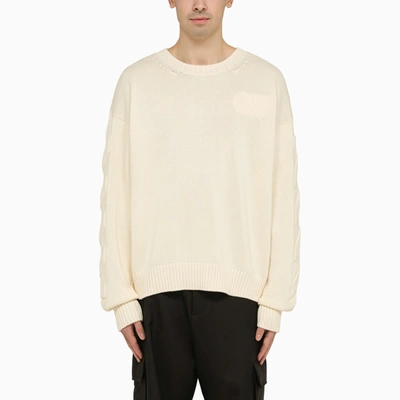 Shop Off-white Off White™ Cream Crewneck Sweatshirt With Diagonal Embroidery