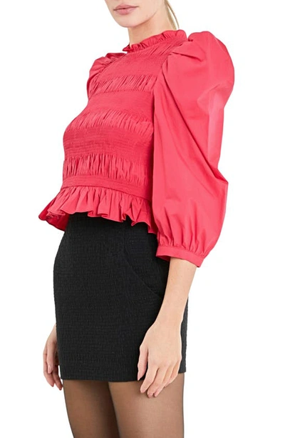 English Factory Smocked Puff Shoulder Poplin Top In Crimson Red