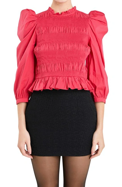 English Factory Smocked Puff Shoulder Poplin Top In Crimson Red