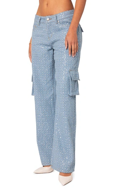 Edikted Icing Sequin Low Rise Cargo Jeans In Light Blue In Light-blue