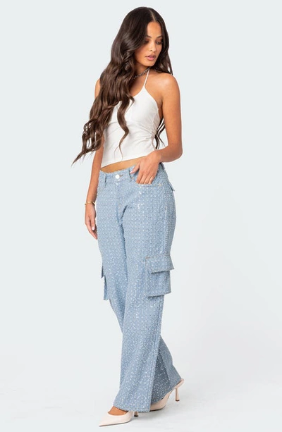 Edikted Icing Sequin Low Rise Cargo Jeans In Light Blue In Light-blue