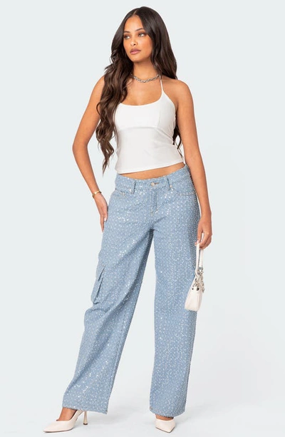 Edikted Icing Sequin Low Rise Cargo Jeans In Light Blue In Light-blue