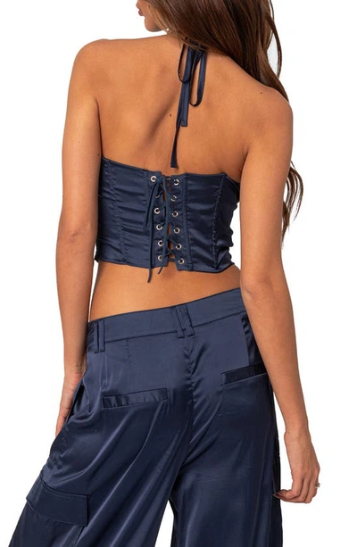 Shop Edikted Kelsey Lace-up Back Satin Halter Neck Corset In Navy