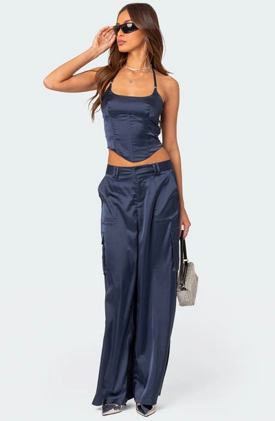 Edikted Kelsey Lace-up Back Satin Halter Neck Corset In Navy