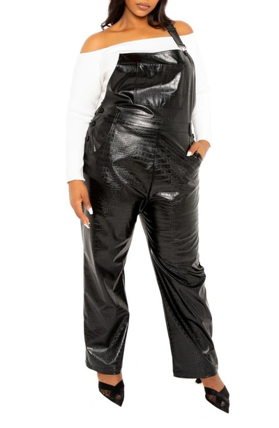 Shop Buxom Couture Croc Embossed Faux Leather Overalls In Black