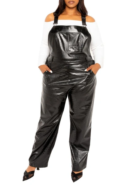 Buxom Couture Croc Embossed Faux Leather Overalls In Black