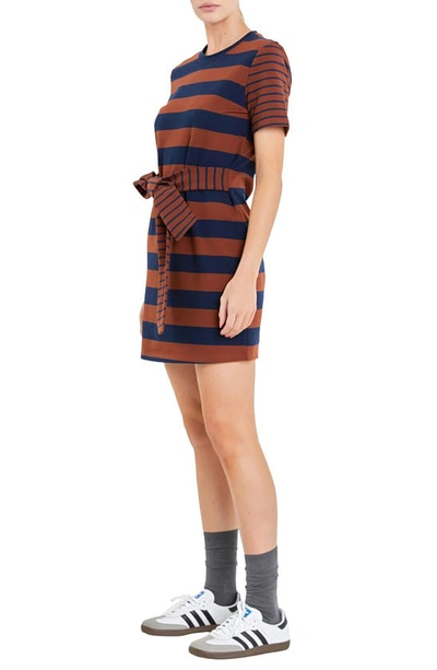 Shop English Factory Contrast Stripe Tie Waist Minidress In Brown/ Navy