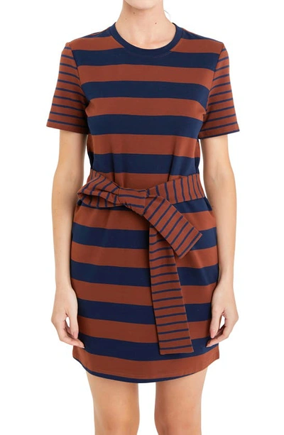 Shop English Factory Contrast Stripe Tie Waist Minidress In Brown/ Navy